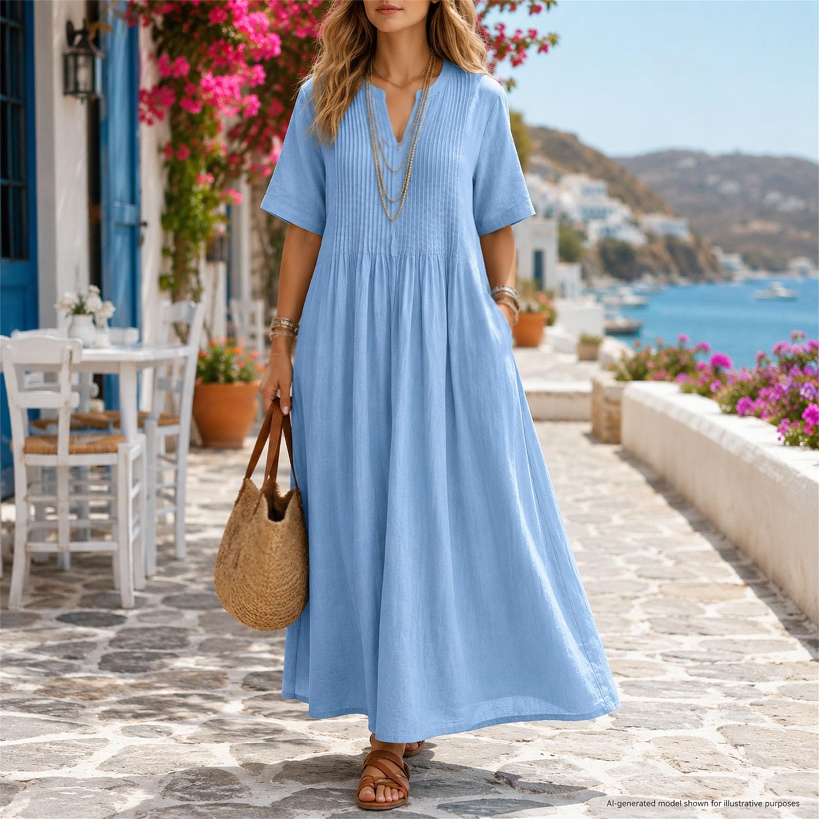 Maxi abito estivo da donna in cotone, scollo a V, maniche corte, con tasche | Maxi abito in cotone con scollo a V, maniche corte, arricciatura frontale e tasche, per l'estate, il tempo libero, le vacanze