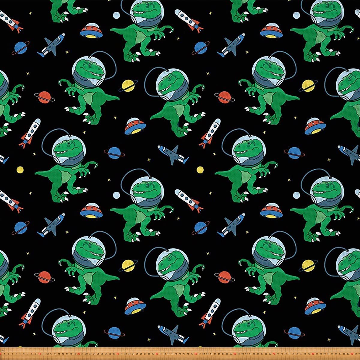Astronaut Dinosaur Fabric by The Yard Outer Space Adventure Upholstery Fabric for Chairs Sofa Couch Cosmonaut Universe Planets Outdoor Fabric Waterproof 3 Yards,(L276*W150cm) Green Black