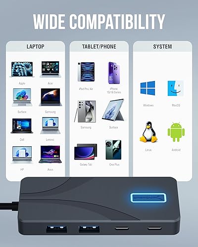 Miniatura 7 de SABRENT Estación de acoplamiento USB C Hub 5 en 1, puertos USB-A y USB-C de 10 Gbps, salida HDMI 4K, entrada PD de 100 W, carga de 80 W,