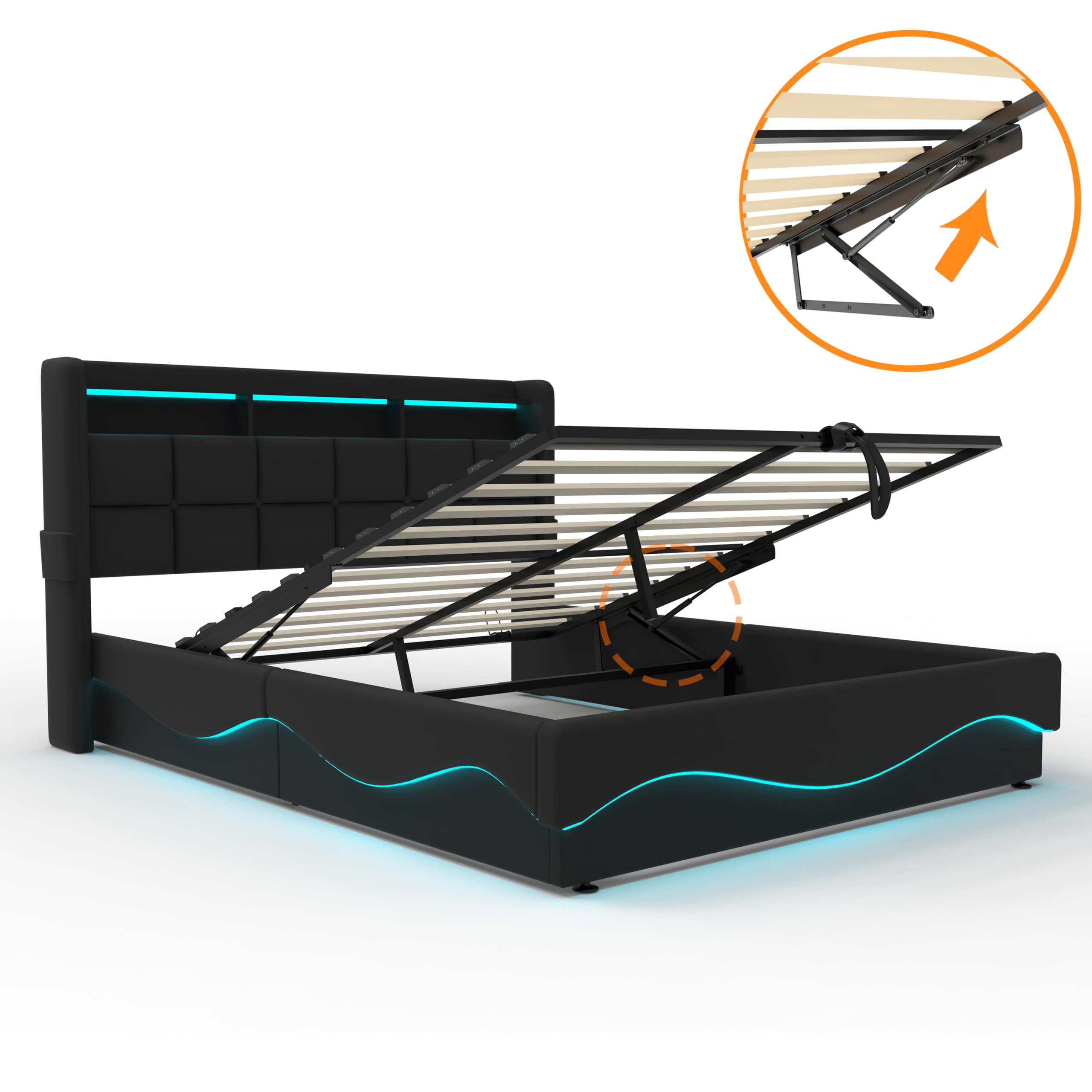 Cama de Almacenamiento Todo en Uno 140x200 cm con Luces LED, Estación de Carga USB/Type-C, Estantería para Cabecera y Gran Almacenamiento bajo la Cama, Cuero, Negro