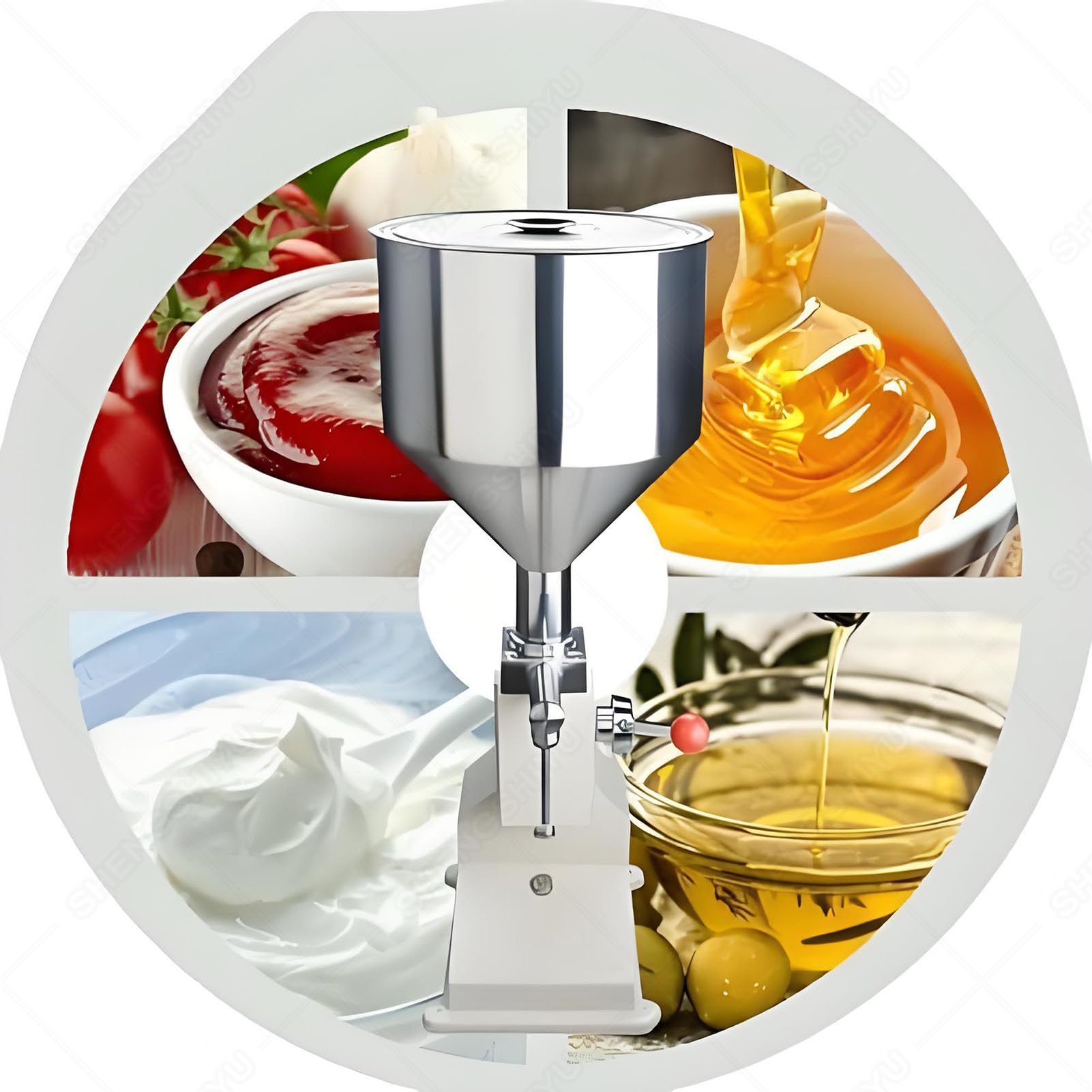 Máquina Llenadora Manual, Máquina de Botellas de Pasta Líquida, Llenadora Embotelladora de Acero Inoxidable con 10L Tolva, 20-30 Ciclos por Minuto, para Aceite, Crema, Cosméticos, Champú
