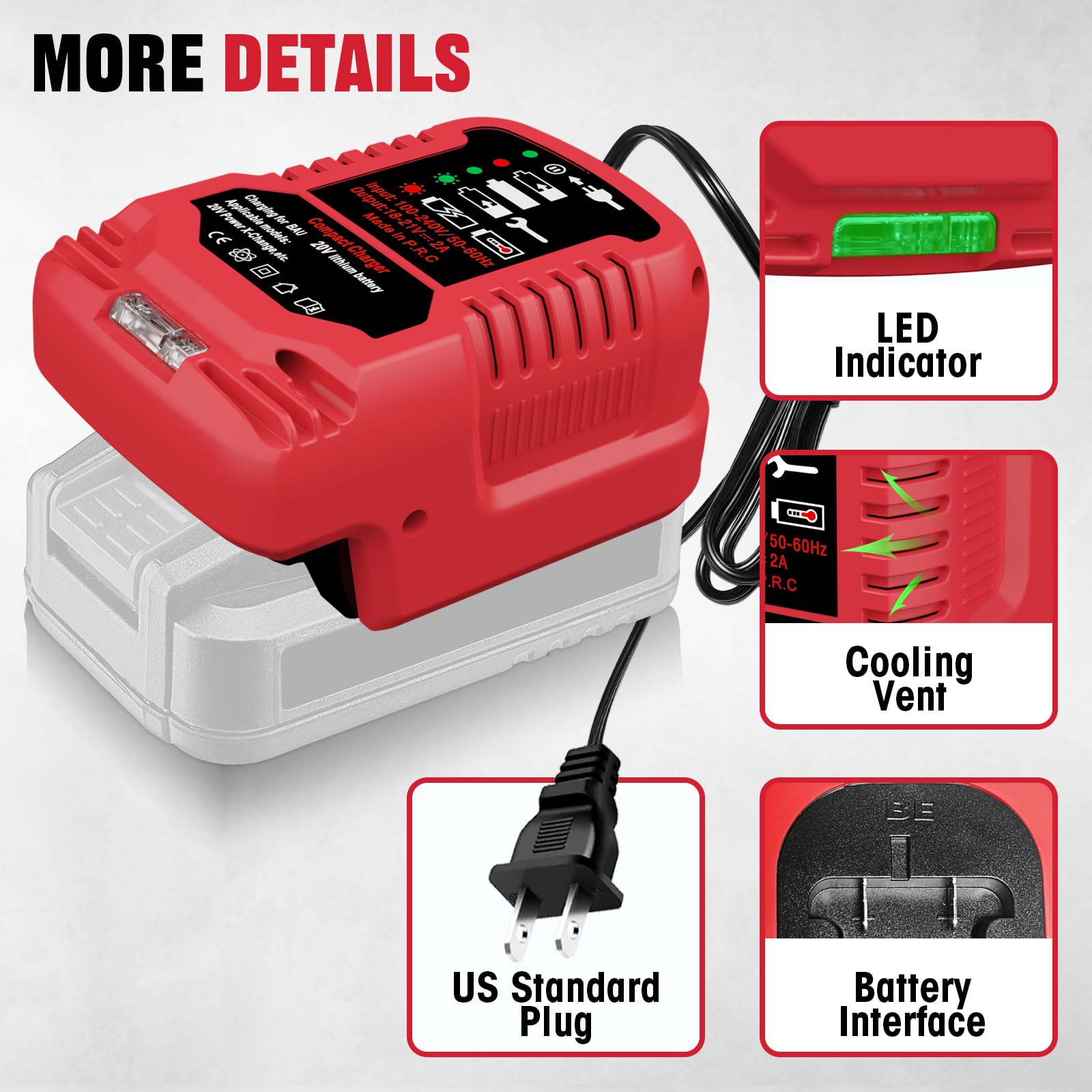 Bauer - Cargador de batería de 20 V con protección contra sobrecalentamiento, para carga rápida Bauer compatible con baterías Bauer de 20 V, herramientas inalámbricas, 2.0 Ah, 4.0 Ah 5.0 Ah, cargador