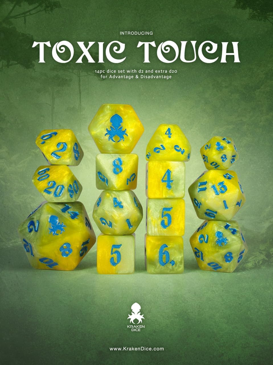 Kraken Dice Toxic Touch 14pc Resin Dice Set Inked in Blue