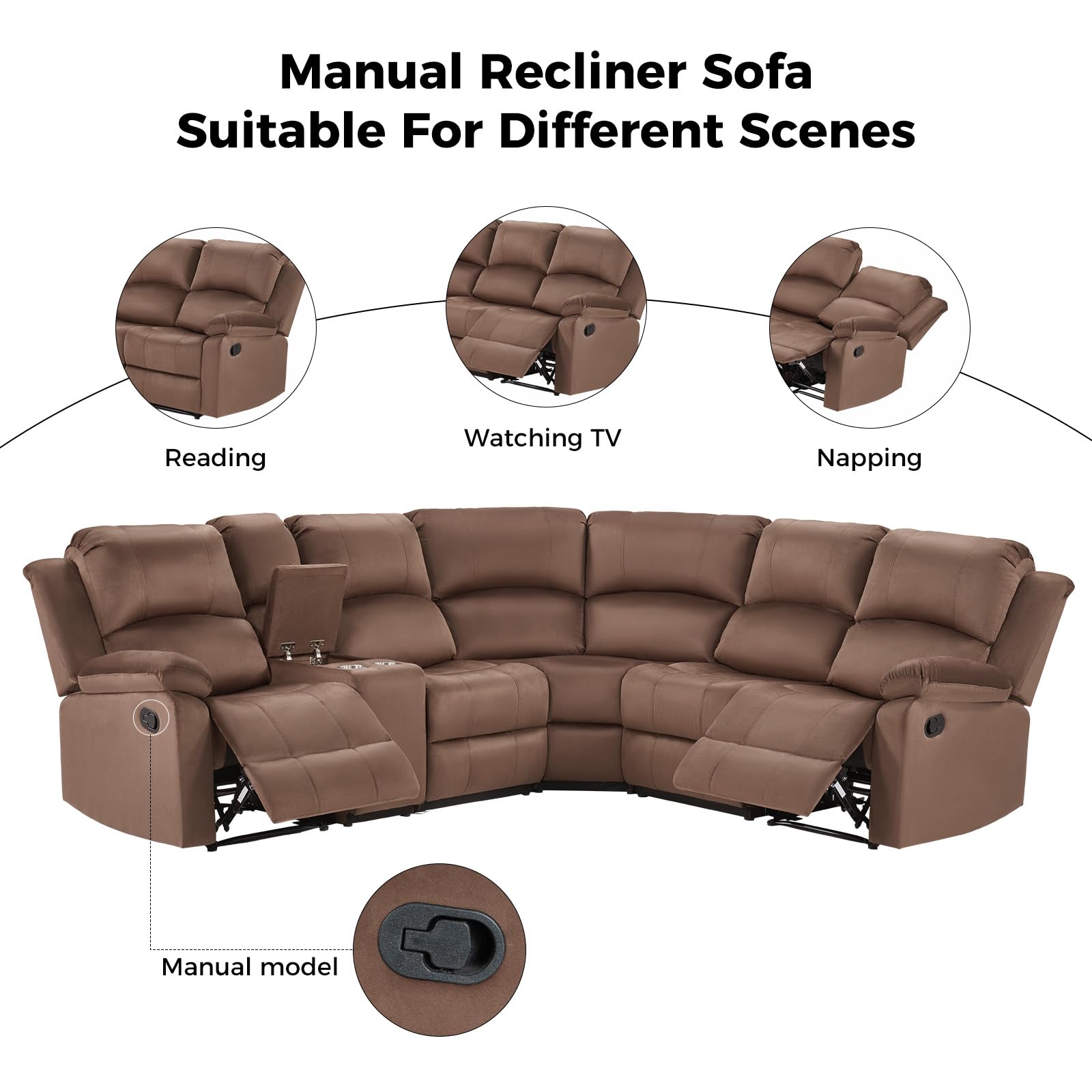 EBELLO Manual Reclining L-Shaped Sectional Sofa Set, Soft Microfiber Recliner Corner Couch with Center Console, Cup Holders and Storage, Recliner Sectional Couches for Living Room, Brown view 4