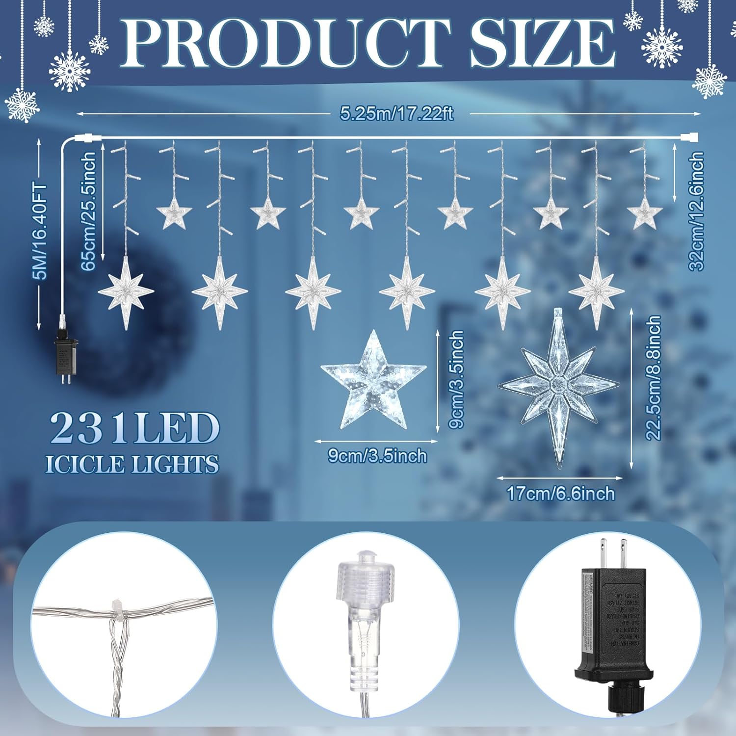 Christmas Star Icicle Lights 17.22ft 231 LED Waterproof Star String Light with 22 Drop 8 Modes Connectable Plug Hanging Decor for Home Eaves Indoor Outdoor Xmas Party Holiday(White)