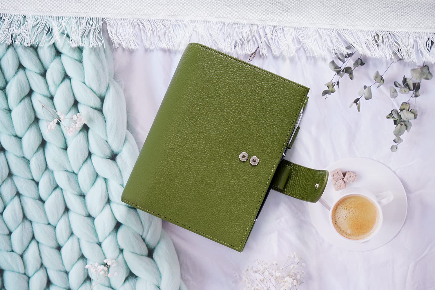 Moterm Personal Luxe Planificador de Anillas - Organizador Carpeta de Cuero Auténtico (Anilla 30mm, Verde Oliva Guijarro)