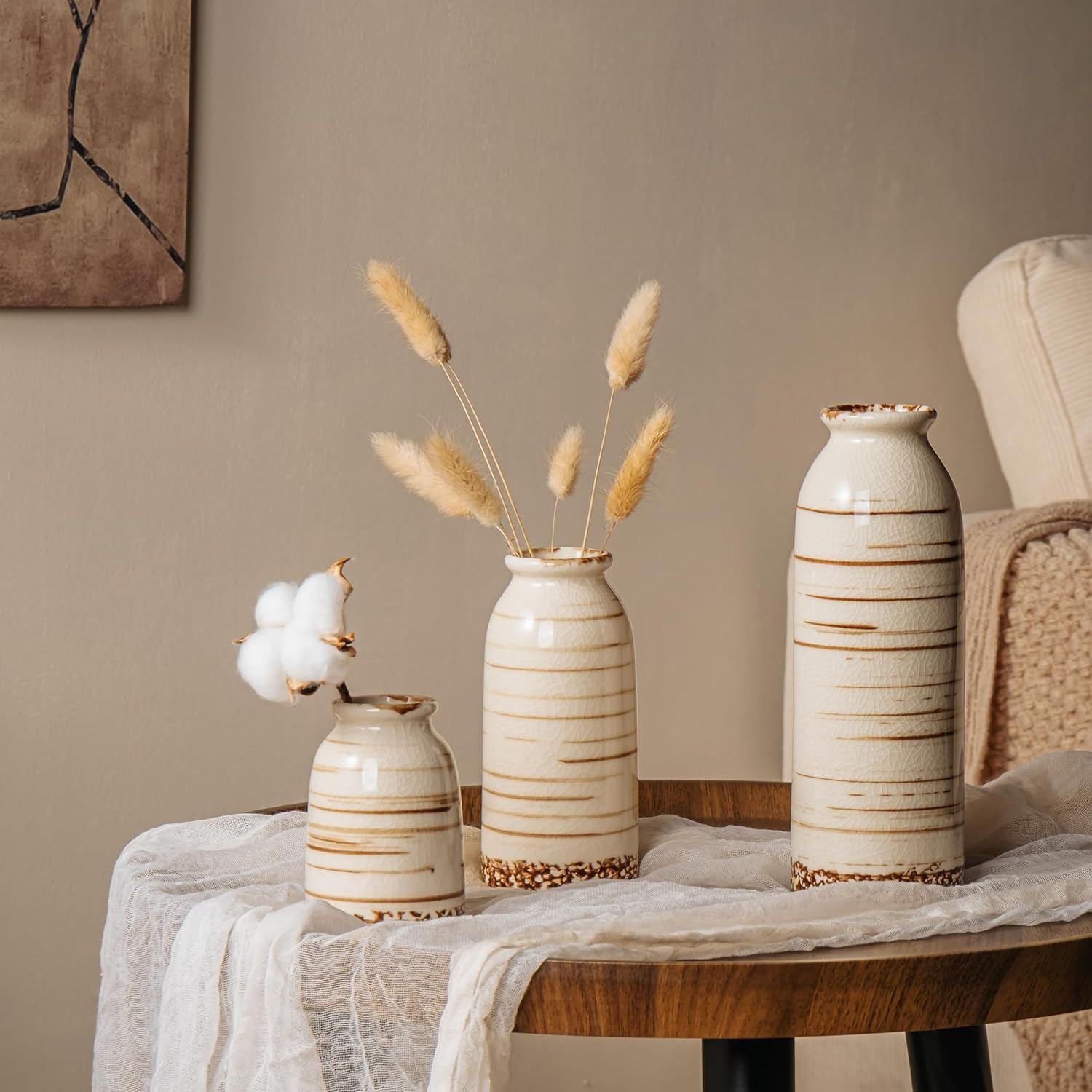 Rustic Ceramic Vase Set of 3 - Beige Rustic Vases for Flowers,Farmhouse Flower Vases for Home Decor,Small Decorative Vase Set for Living Room,Table Shelf,Centerpieces and Fireplace Decorations - Image 6