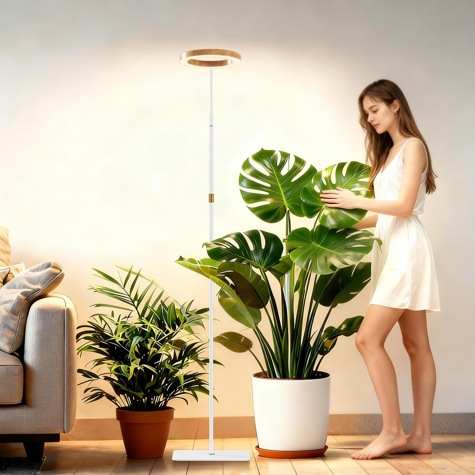 Lampada per piante da interno con supporto, lampada da terra per piante, timer 6/12/18 ore, altezza regolabile 42-170cm, per piante di grandi dimensioni e arredamento (1 testa, finitura finto legno)