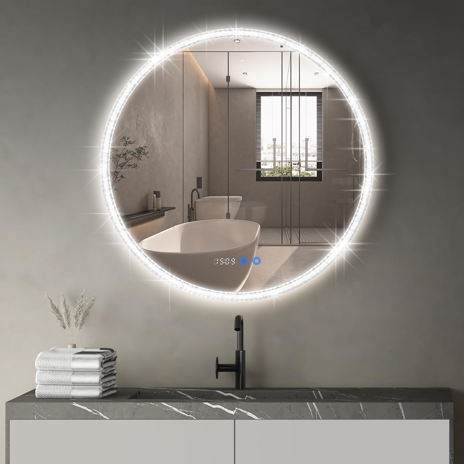Miroir Salle De Bain Lumineux LED 85x55cm - Asymétrique, 3 Couleurs, Dimmable, Antibuée - IP44, Blanc, Montage Horizontal/vertical
