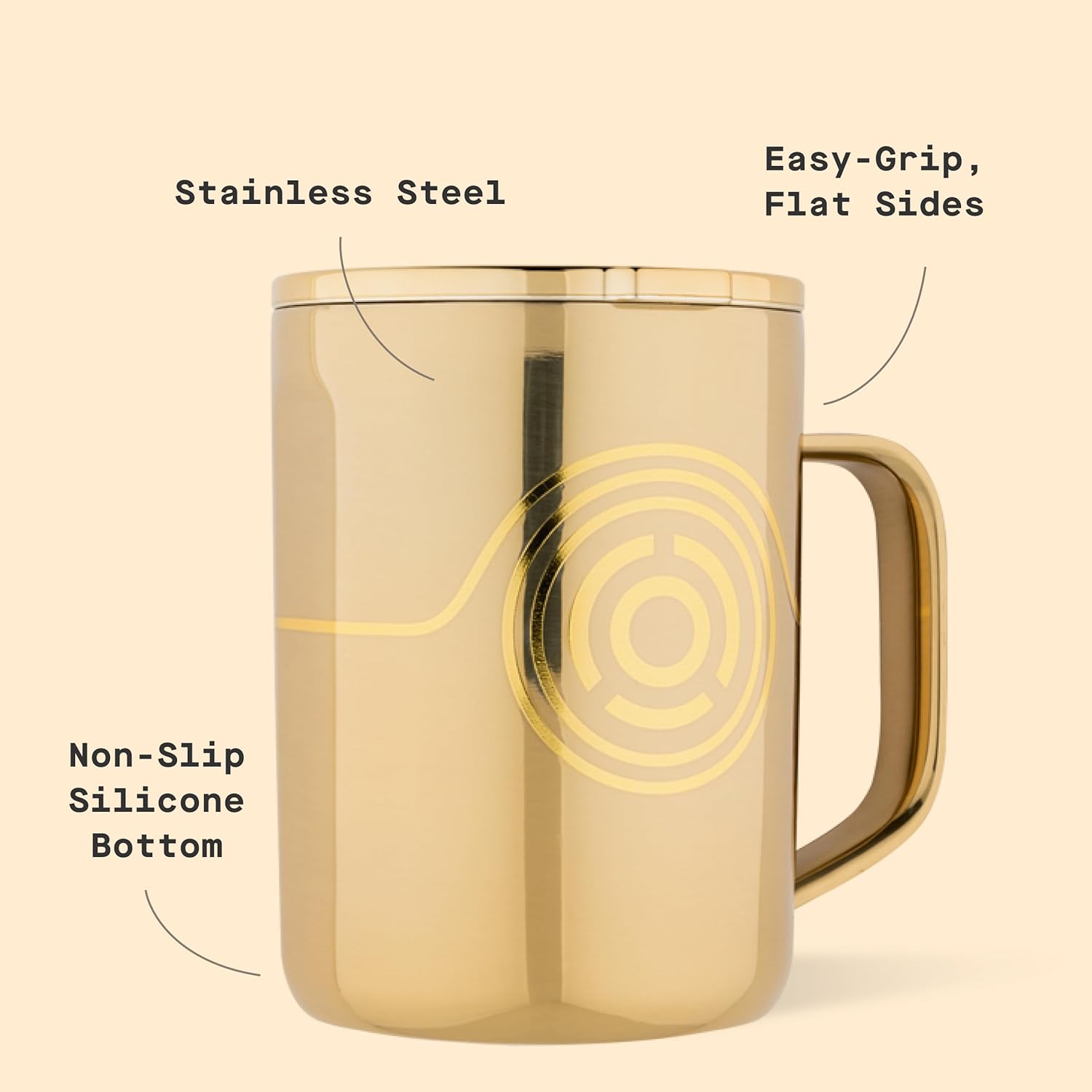 Corkcicle Classic Coffee Mug - Triple Insulated Stainless Steel for Travel - Shatter-Proof Lid - Keeps Drink Hot Over 3 Hours - Holiday Mug Gift - Great for Gifting Warmth - 16 oz - C-3PO