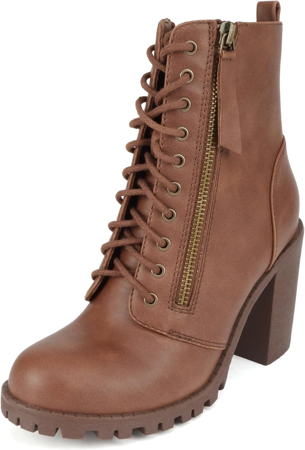Soda Women's Malia Faux Lace Up Chunky Lug Sole Combat Boot