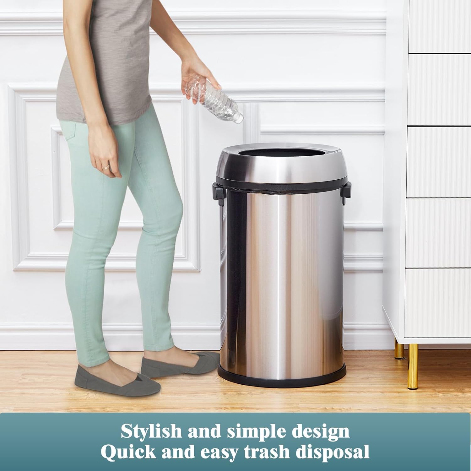 Stainless Steel Trash Can, 17 Gallon Round Garbage Can, Commercial Swing Lid Waste Bin, Office Kitchen Lobby Trash Receptacle