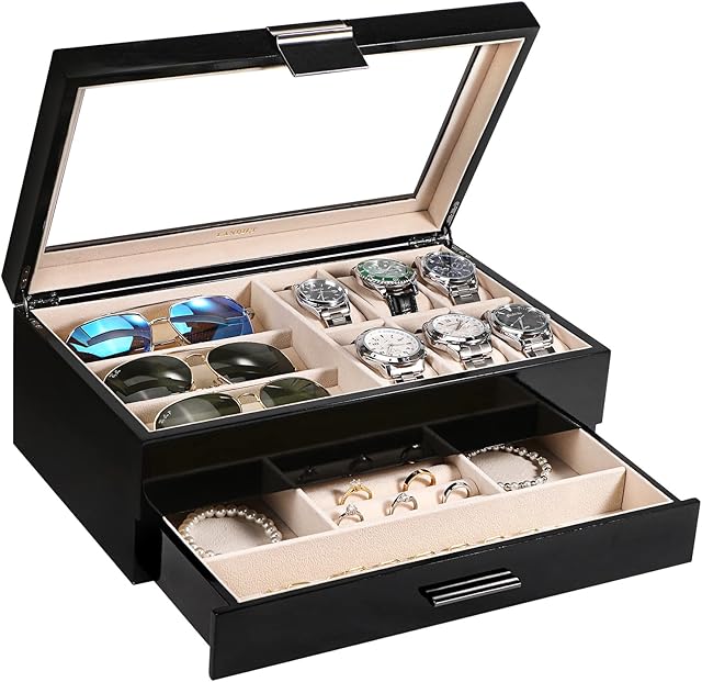 LANDICI Watch Box Jewellery Organiser for Men Women, Luxury Piano Paint Large Wooden Watch Display Case with 6 Slot Watches Holder, 3 Slot Sunglasses Case, Jewelry Storage Box Drawer, Black