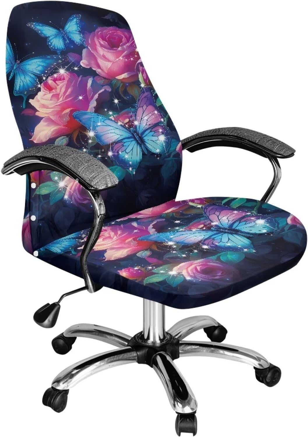 Office Chair Cover for Women Retro Butterfly Rose Seat Cover for Office Chair Scratch Resistant Desk Chair Seat Protector Anti-Dust Universal High Back Chair Cover Size L