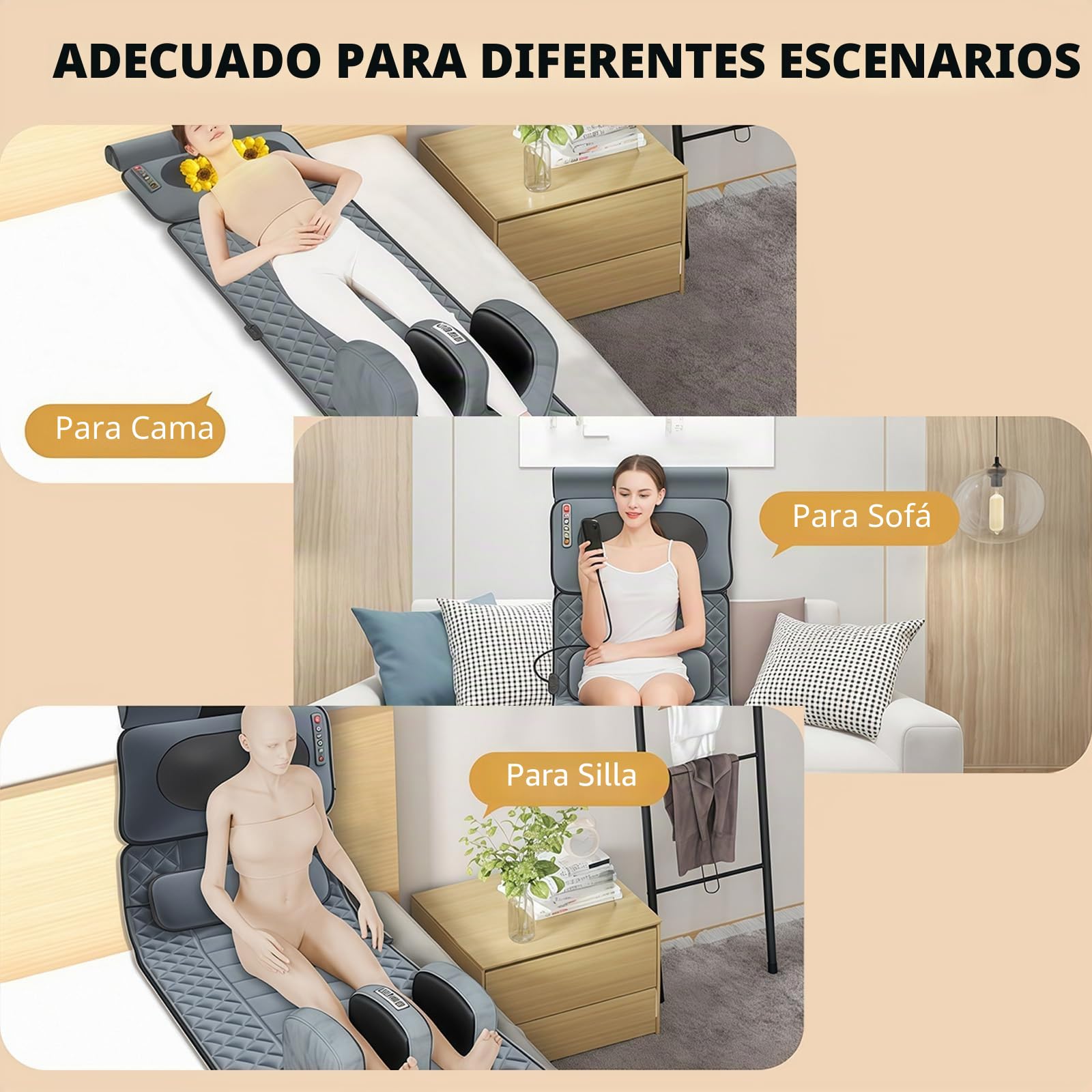 Alfombrilla de masaje para todo el cuerpo, con función de calentamiento, 9 modos de masaje y 9 modos de velocidad, cojín de masaje con reposacabezas extraíble y dispositivo de masaje multifunción para