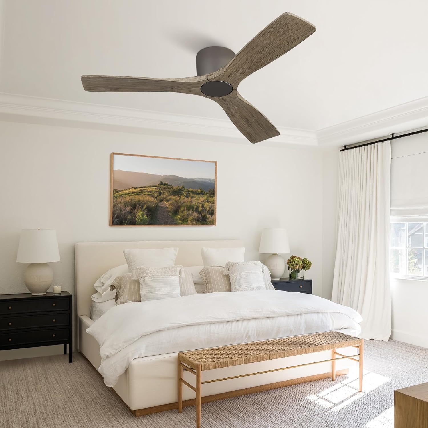 LEDLUX 48 Inch Ceiling Fan without Light, Flush Mount Low Profile Fan with 3 Solid Wood Blades, Quiet Reversible DC Motor, 6 Speed Remote Control, for Indoor Outdoor Bedroom Patio Driftwood Color