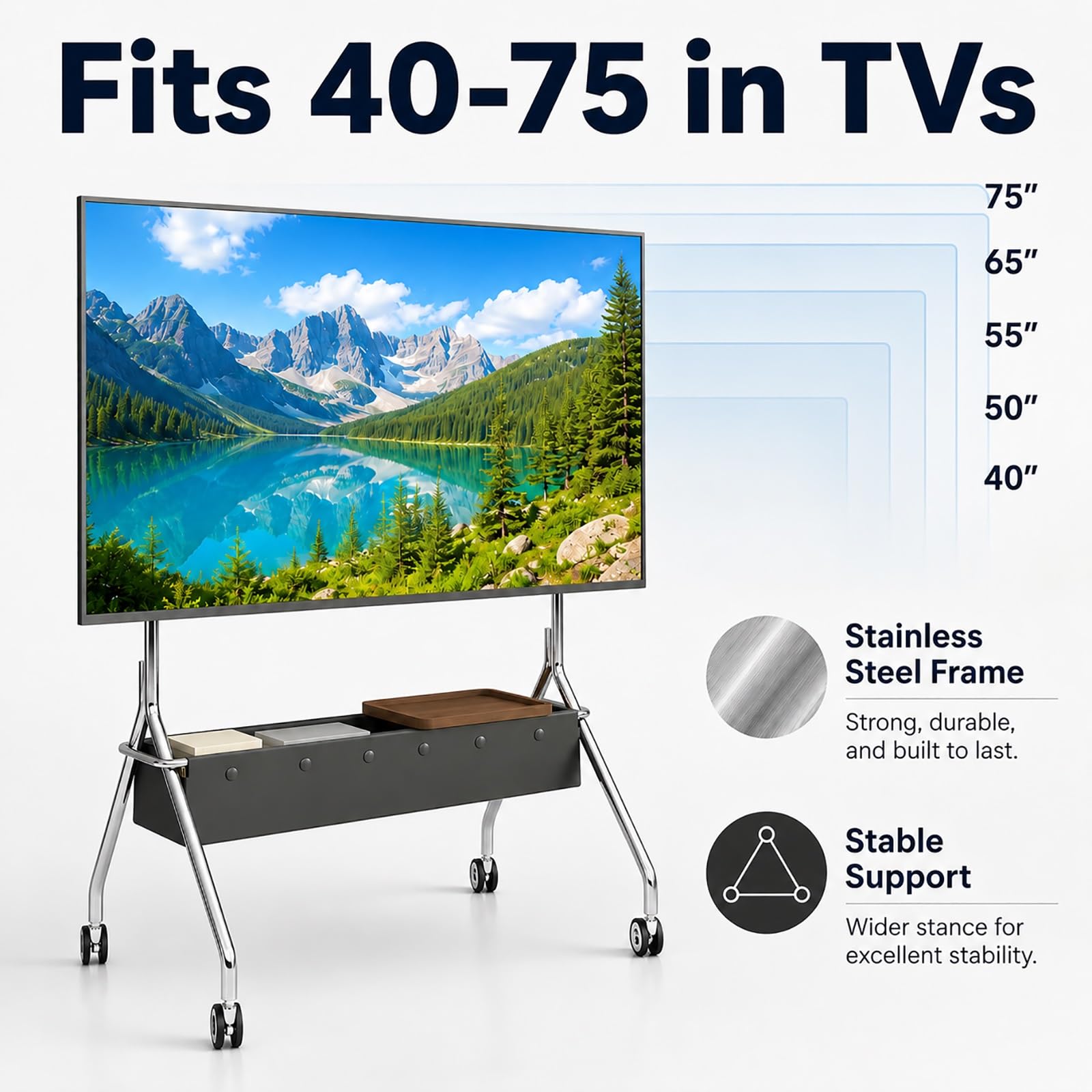 Supporto TV Mobile su Ruote, Supporto TV da Pavimento | Acciaio Inossidabile, Ruote Bloccabili, per Televisori da 40–75 Pollici(Brown)