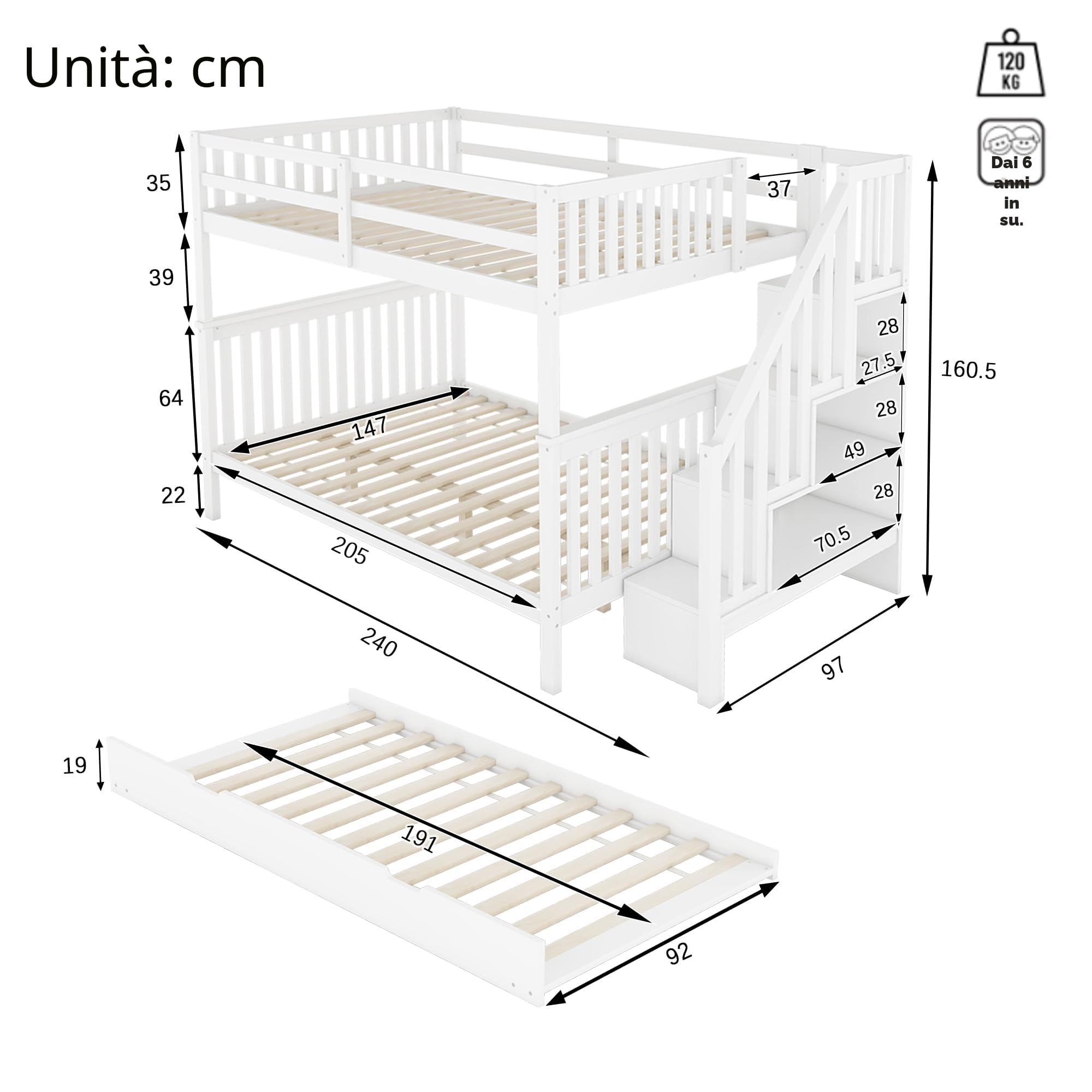 Oyemige Letto a Castello Contenitore, Letto matrimoniale 140x200 cm, Letto per Bambini con Rete a Doghe, Telaio in Legno Massiccio, con scale di contenimento e estraibile, Bianco Senza Materasso