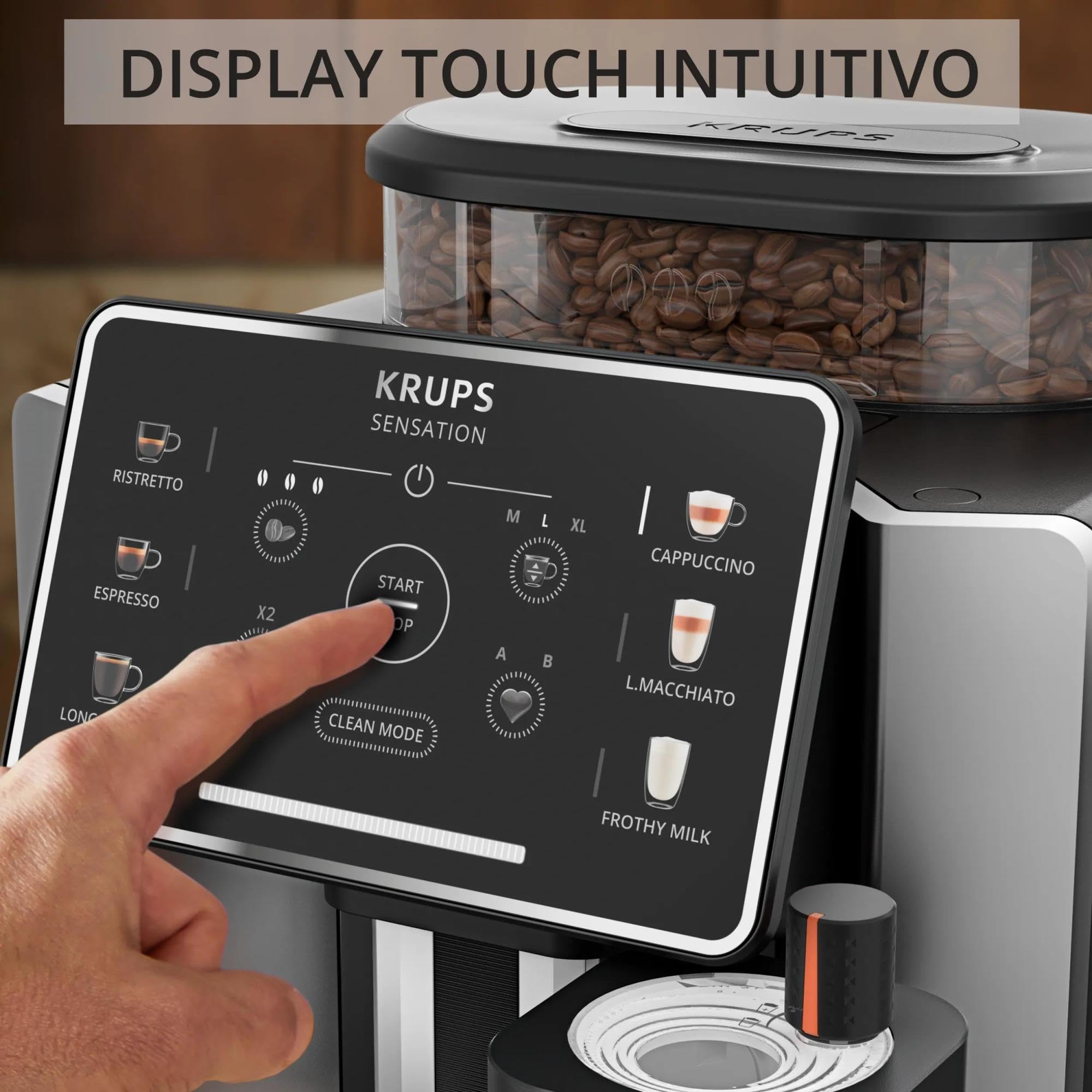 Krups Sensation Milk M50, Macchina Caffè Chicchi con Touch Screen Intuitivo, Tecnologia Milk Maestro per Creare 6 Bevande, Serbatoio del Latte Integrato, Pulizia Automatica, 1450 W, EA912E, Argento