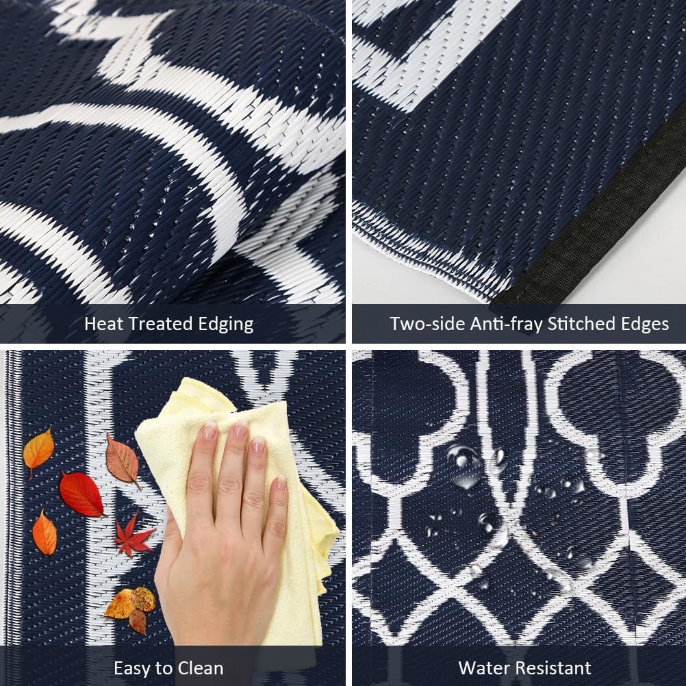 Pendolr 5’x8’ Outdoor Rug Waterproof Carpet Patio Outdoor Plastic Straw Rug Camping Rug Reversible Outside Outdoor Area Rug for Balcony Deck Backyard RV Picnic Beach Navy&White 01#