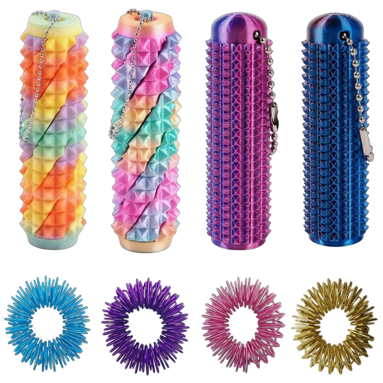8 PCS Tactile Fidget Set, 4 Stacking Style and 2 Fang Style Keychain Grips with 2 Finger Rings, Sensory Hand Engagement Tools, Quiet Fidget Accessories for Daily Use