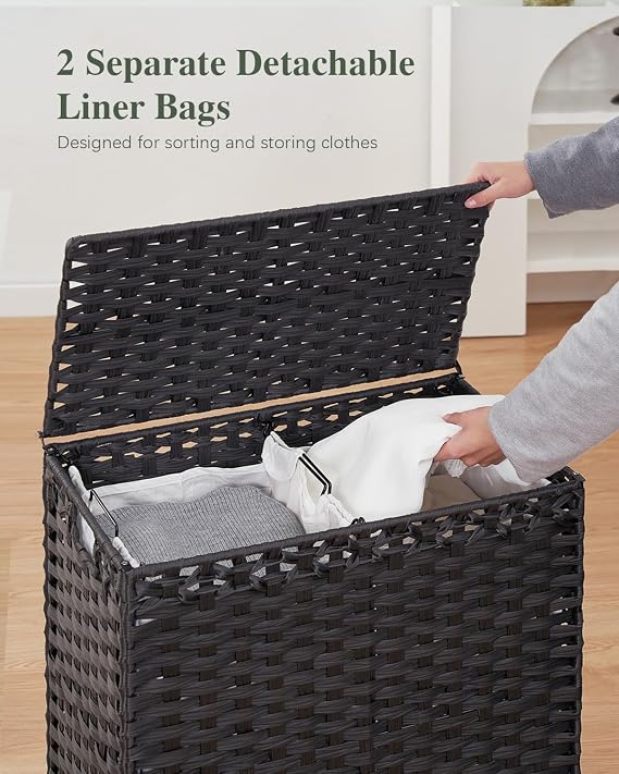 SETVSON Laundry Hamper with Lid, 112 L PE Rattan Woven Bin, Black