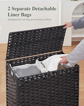 SETVSON Laundry Hamper with Lid, 112 L PE Rattan Woven Bin, Black