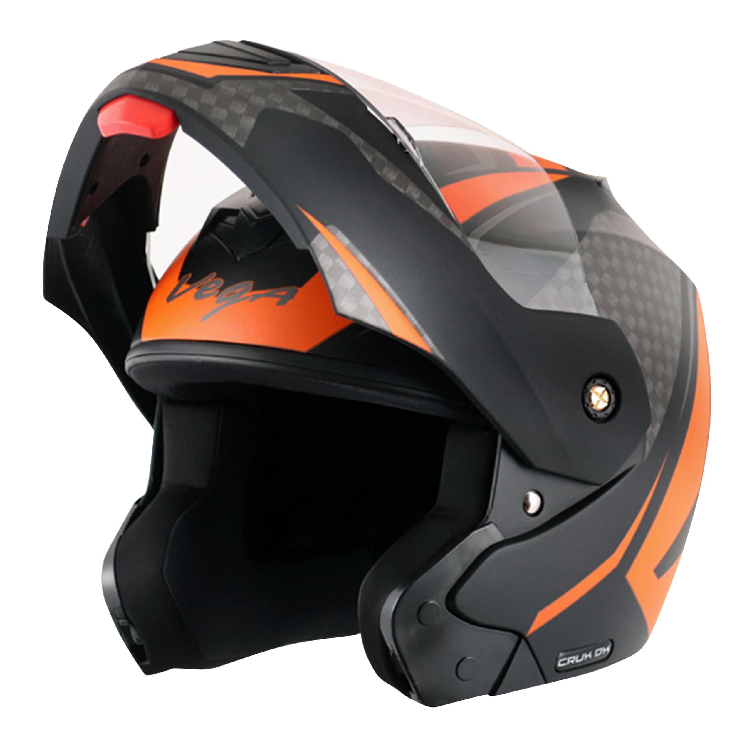 Vega Crux Dx Checks ISI Certified Smooth Matt Finish Flip-Up Helmet for Men and Women with Clear Visor(Dull Black Orange, Size:M)-image-12