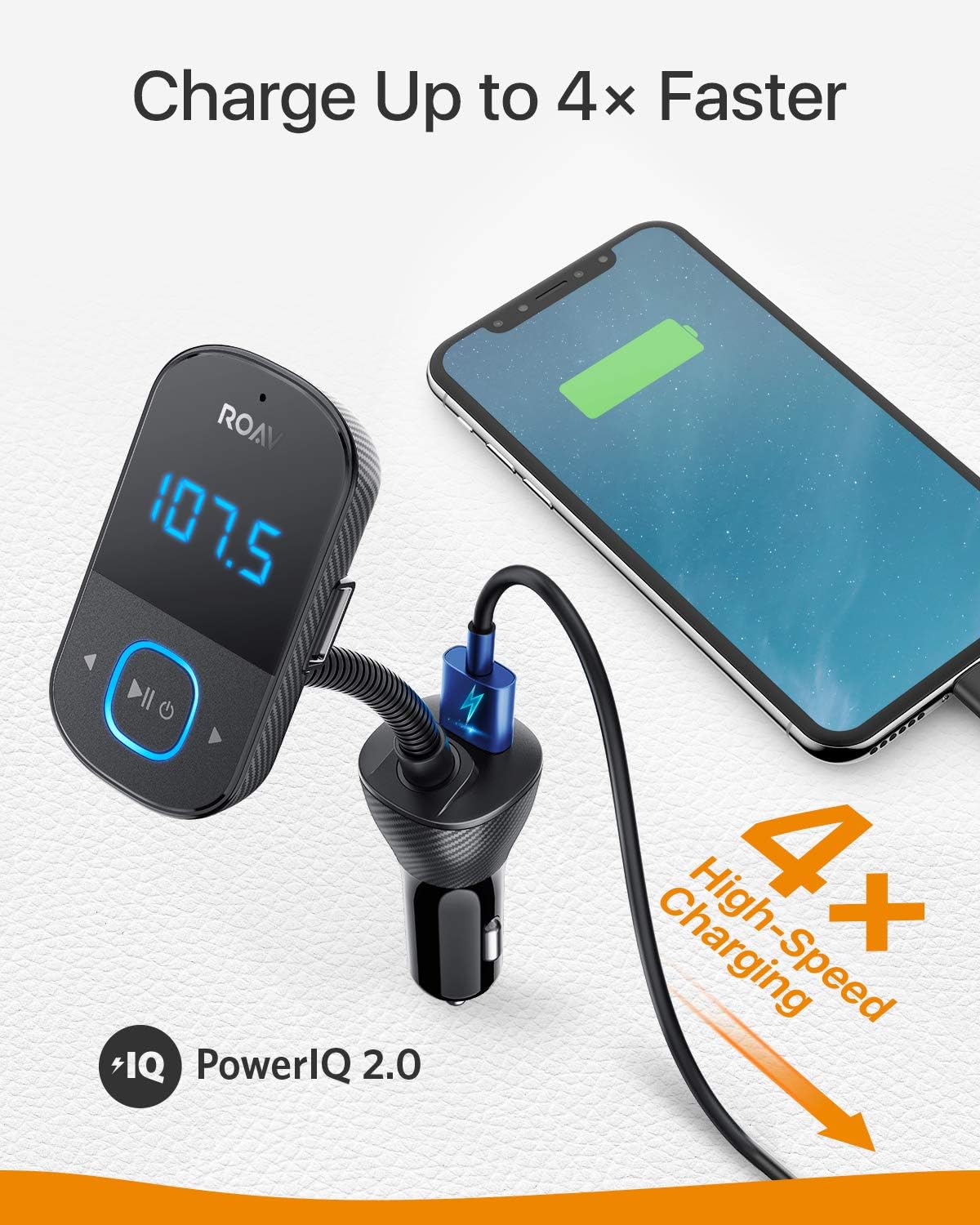 Anker Roav SmartCharge T1, Bluetooth FM Transmitter for Car, Audio Adapter and Receiver with Big LED Display, PowerIQ 2.0, Hands-Free Calling, and AUX Output, Compatible with Quick Charge 3.0 Devices