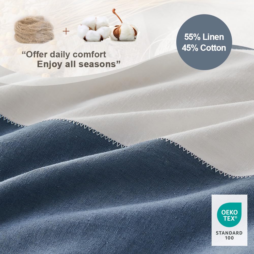 Simple&Opulence Set copripiumino in lino francese, 223,5 x 233,7 cm, 3 pezzi (1 copripiumino e 2 federe), in misto cotone naturale e lino, morbido e traspirante, con strisce (queen size, bianco e blu