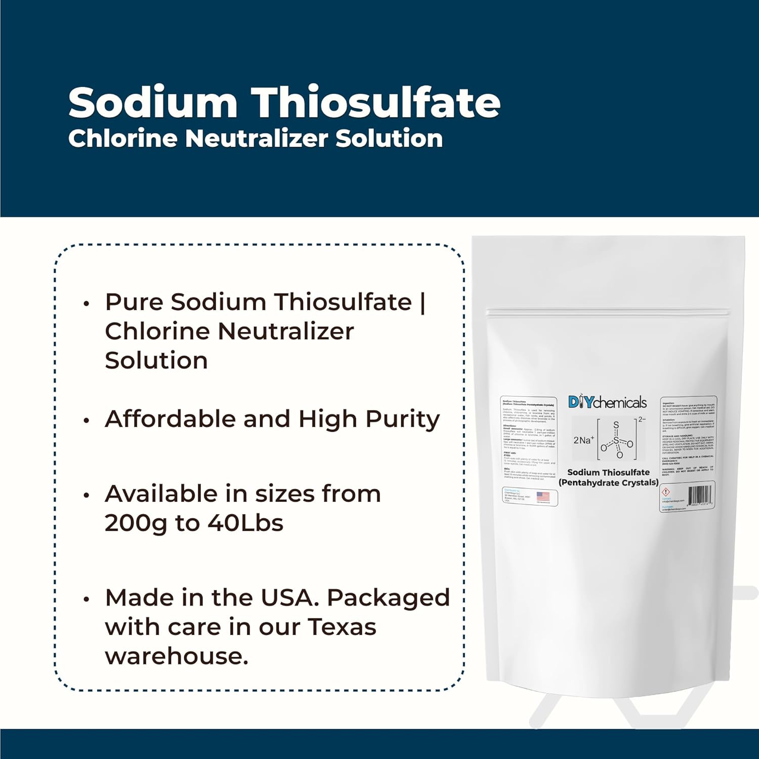 DIYChemicals Sodium Thiosulfate | Chlorine Neutralizer Solution – Chlorine Remover for Pools, Pond, Aquarium, Hot Tubs, Hydroponic Ecosystems, Plants - 1 lb