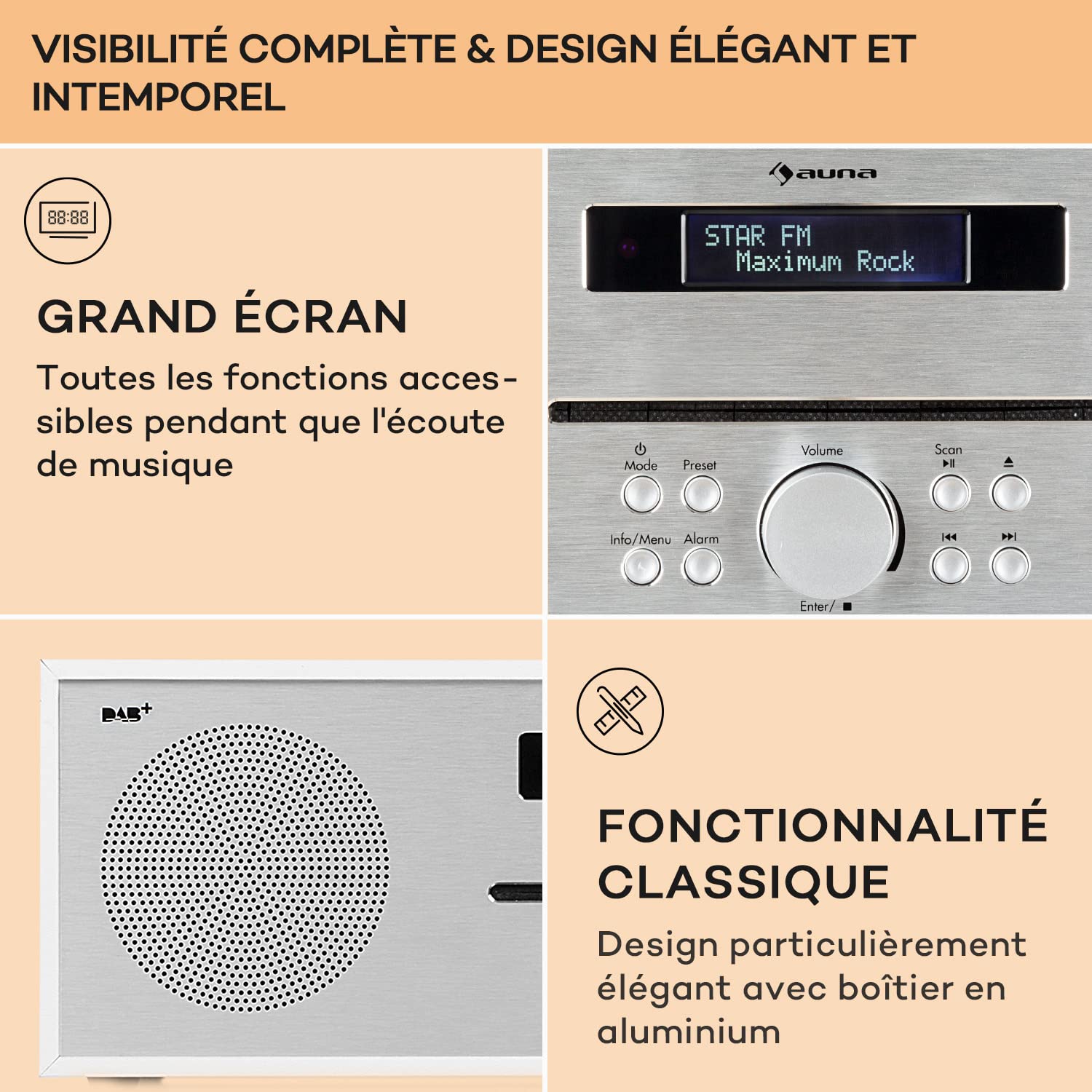 Auna Silver Star Radio Portable CD, Chaine HiFi, Poste Radio Numérique Dab/Dab+/FM et Streaming, Radio Portables Stéréo, Écran LCD, Radio FM, MP3, Port AUX, Alarme Reveil, Lecteur CD Bluetooth