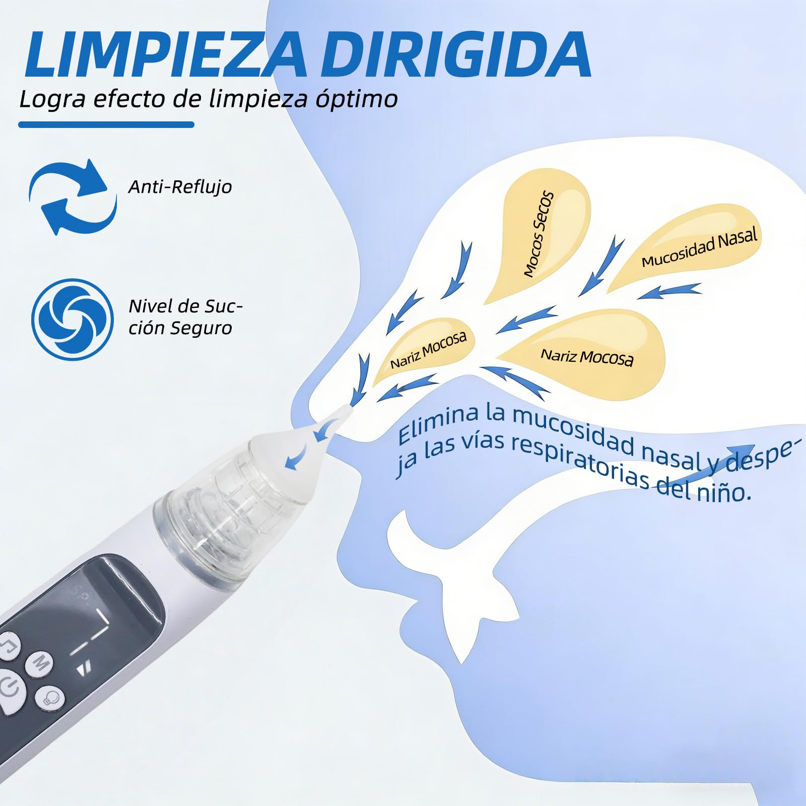 Aspirador nasal para bebé | Aspirador nasal eléctrico recargable con 3 niveles de succión, 3 tamaños de puntas de silicona, función de música y luz (gris)