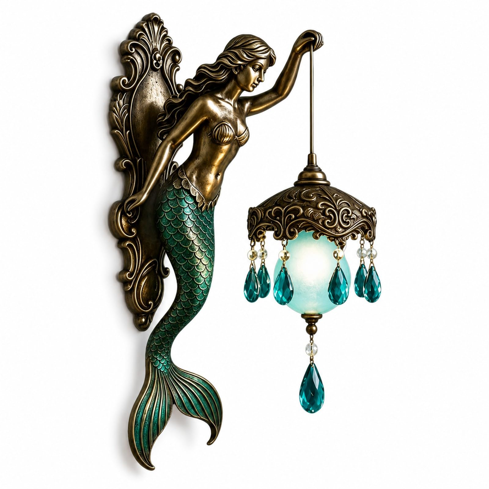 Mermaid Wall Lamp, Vintage Sconce with Sculpted Arm and Frosted Glass Shade, Decorative Lighting for Bedroom Hotel Restaurant, Whimsical Coastal Decor