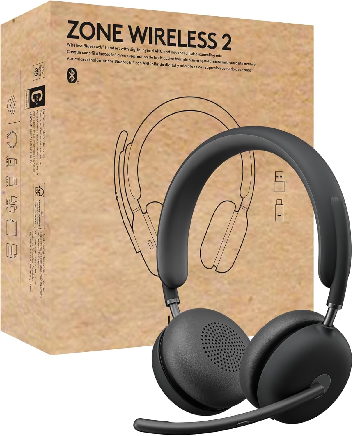 Logitech Zone Wireless 2 Premium Noise Canceling Headset with Hybrid ANC, Bluetooth, USB-C, USB-A, Certified for Microsoft Teams and Fast Pair, Graphite (Renewed)