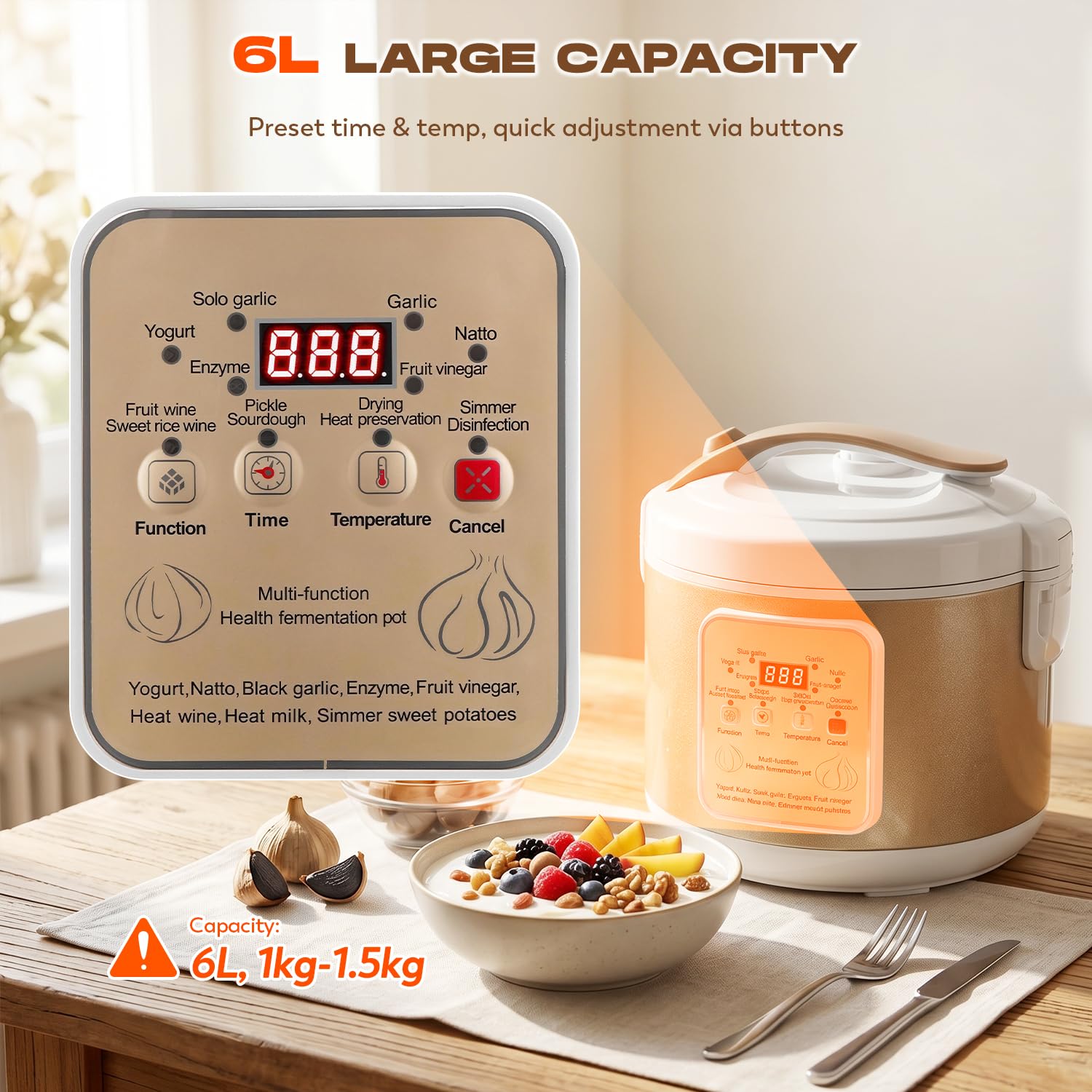 Moongiantgo 6l Fermenteur D’Ail Noir, Pot de Contrôle Automatique pour L’Ail, Natto, Yaourt, Kimchi, Machine de Fermentation de Vin, Cuiseur À L’Ail avec Contrôle du Temps et de la Température, 220v