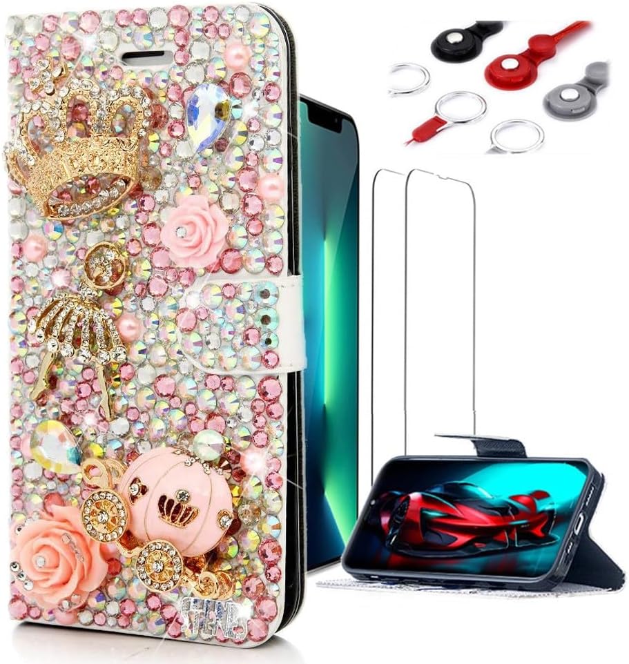 Glitter Wallet Case Compatible with iPhone 17 Pro - Girls Women 3D Luxury Shiny Handcrafted Leather Cover with Screen Protector, Phone Lanyard - Pink Crown Ballet Girl Pumpkin Car