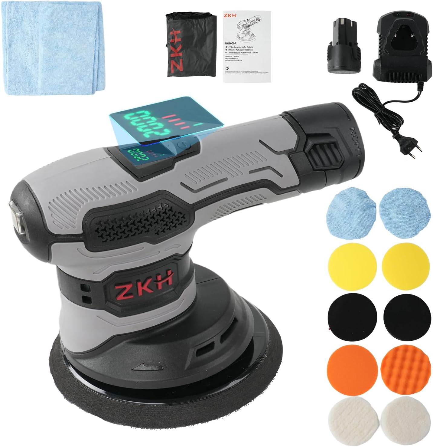 ZKH Cordless Buffer Polisher, 6 Inch Orbital Car Buffer, Car Wax Polish with LCD Digital Display, 2Pcs 2.0Ah Batteries, 2000-4500OPM Polishers Kit for Car Detailing
