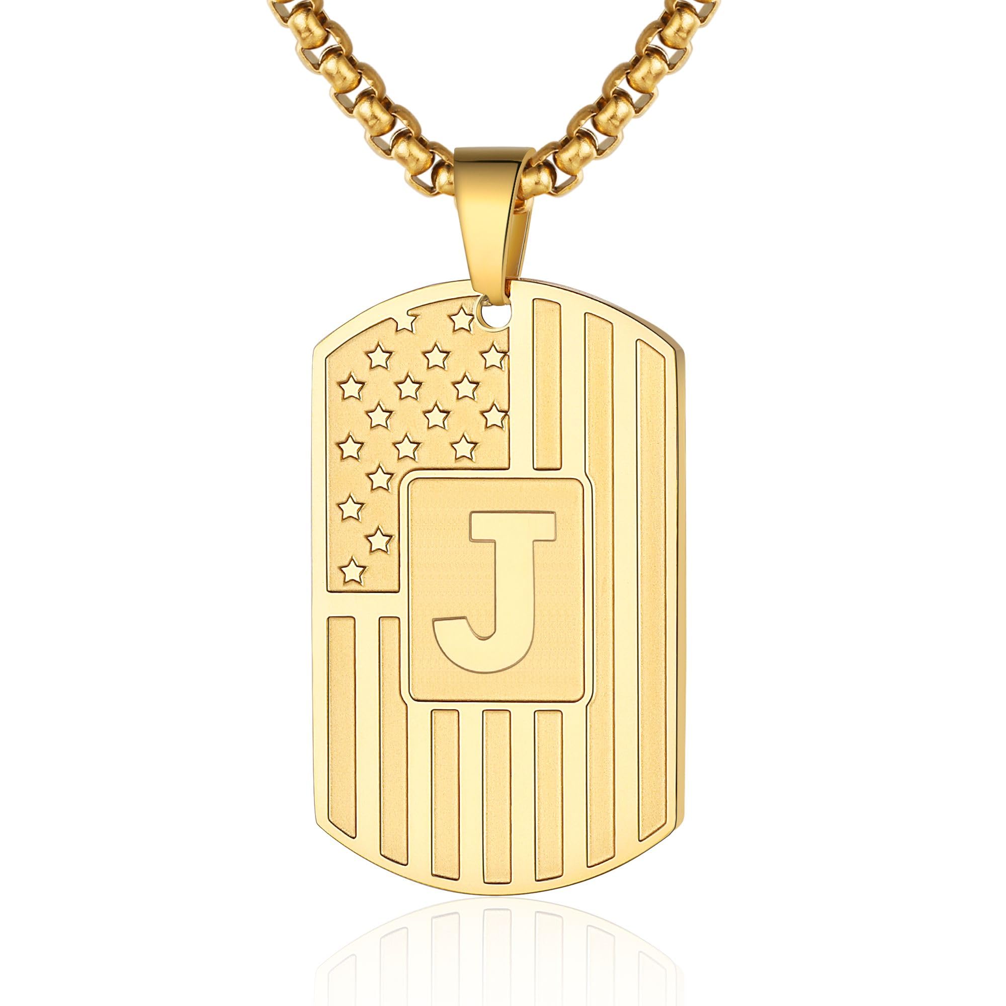 WINFY Initial A-Z Necklace for Men American Flag Dog Tag A-Z Pendant 316L Stainless Steel Chain 22+2 Inches Personalized Patriotic Jewelry for Men
