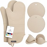 Rorecay 6-Pc Silicone Oven Mitts & Pot Holders Set, Extra Long 500°F Heat Resistant Non-Slip Gloves for Baking Cooking (Milkshake)