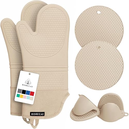 Rorecay Juego de manoplas de horno extralargas y soportes para ollas manoplas de horno de silicona resistentes al calor con mini guantes de horno,