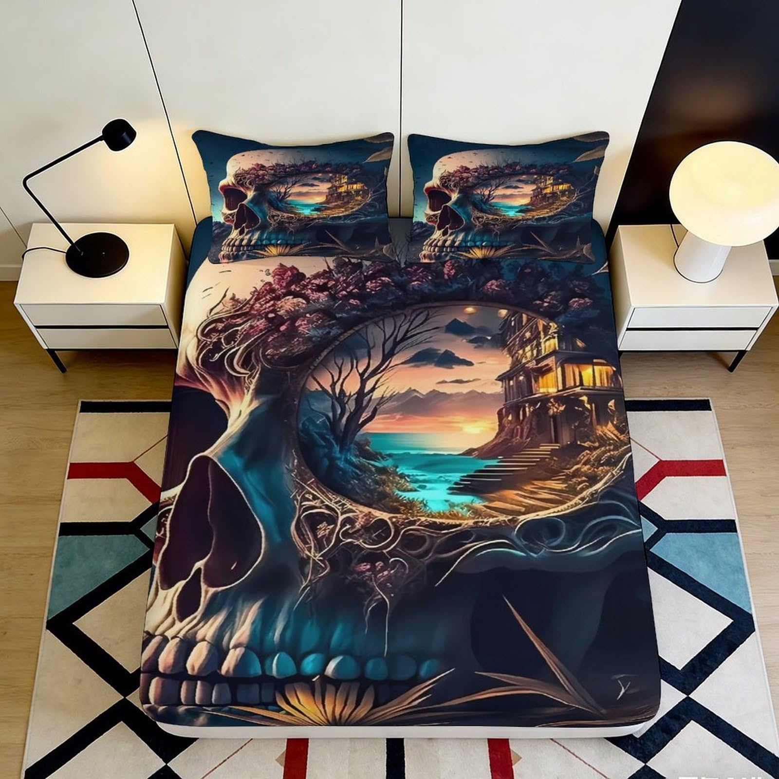 3D Printed Skull Ocean Scene Fitted Sheet Microfiber Soft Durable Skull Sunset Bed Cover for Bedroom Dormitory Guest Room Mattress Protection 120x200x25cm