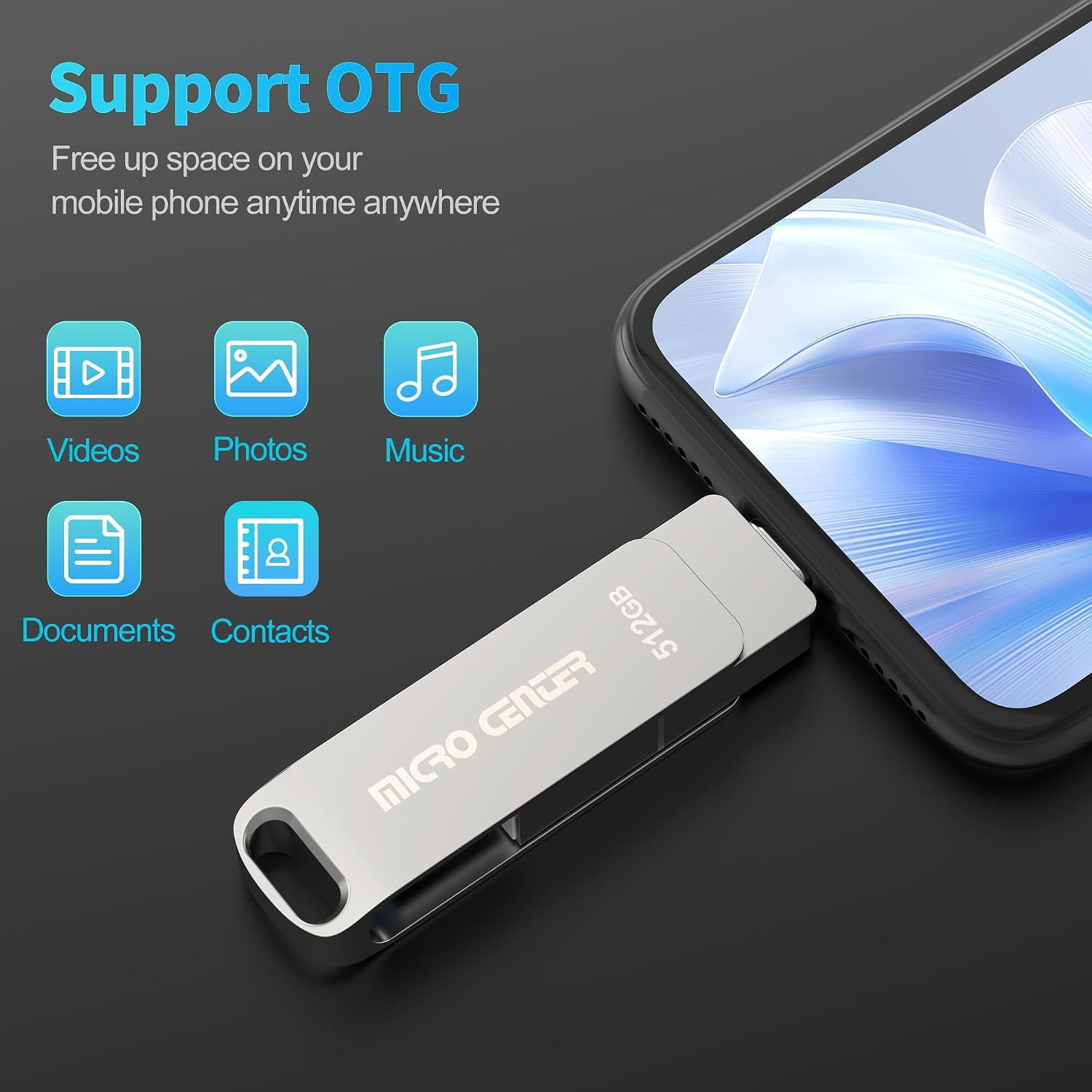 Micro Center SuperSpeed 512GB USB 3.2 Dual Drive Type-C & OTG Type-A 2-in-1 up to 400MB/s Swivel Metal Flash Drive Memory Storage Stick for Android Phones Tablets Mac Laptop