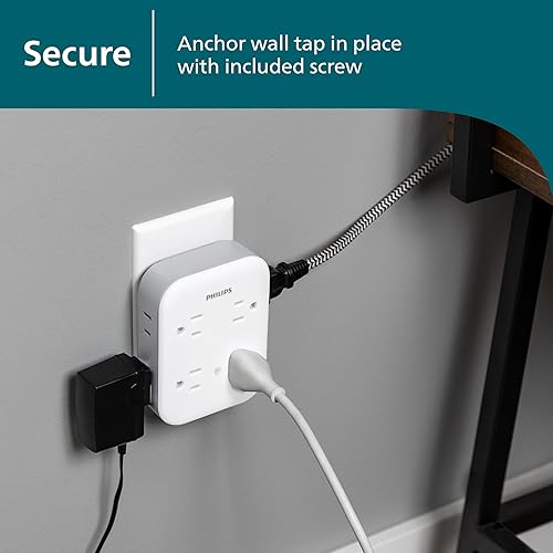 Miniatura 7 de Philips Grifo de sobretensión todo en uno, 4 tomas de tierra y 4 polarizados, 1140 julios, diseño espaciado por adaptador, certificado ETL,