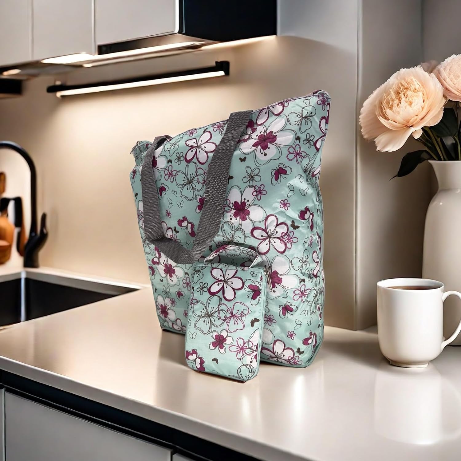 2 Pack Kitchen Reusable Grocery Bags Foldable Washable with Zipper Heavy Duty Folding Shopping Tote Green - Image 5