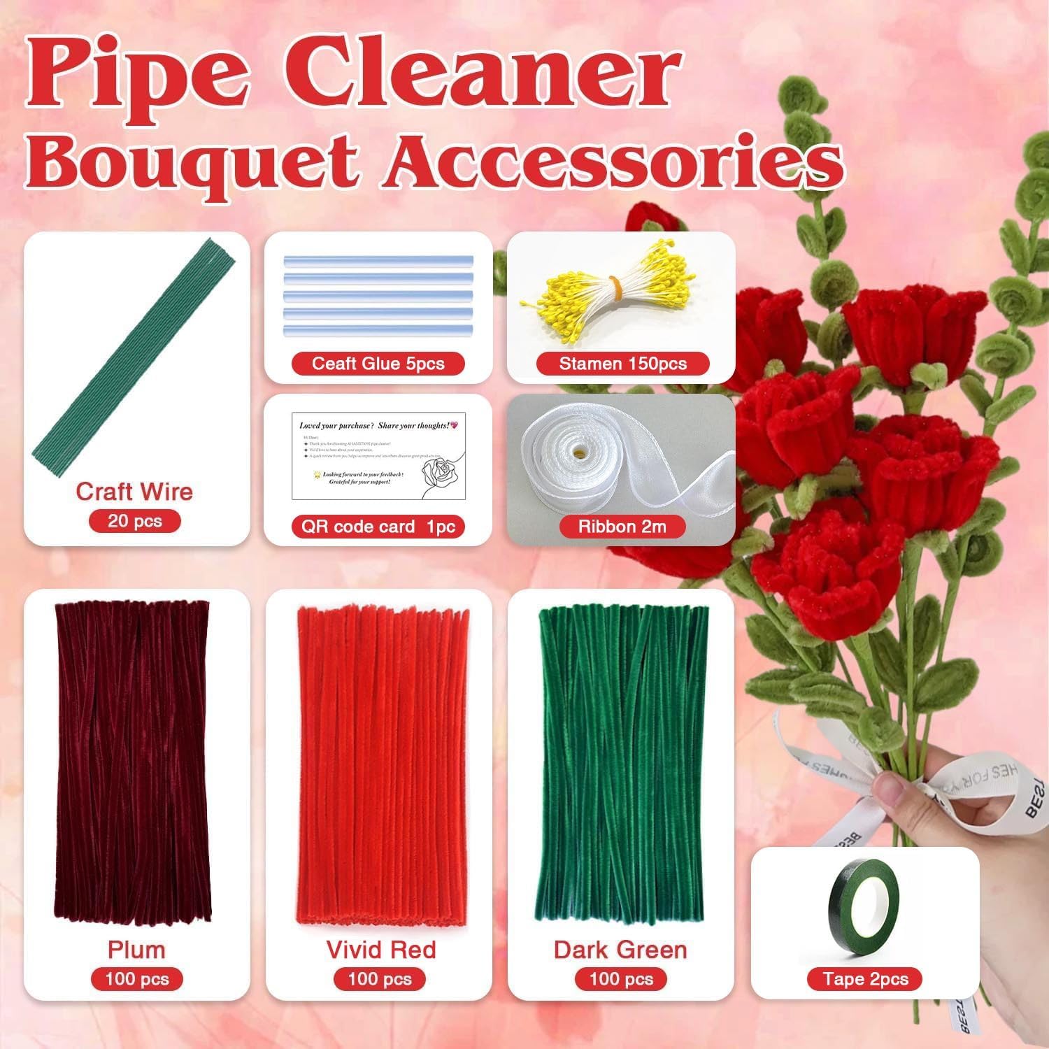 300Pcs Plum Red Pipe Cleaners with 20Pcs Flower Stems, Chenille Stems image 2