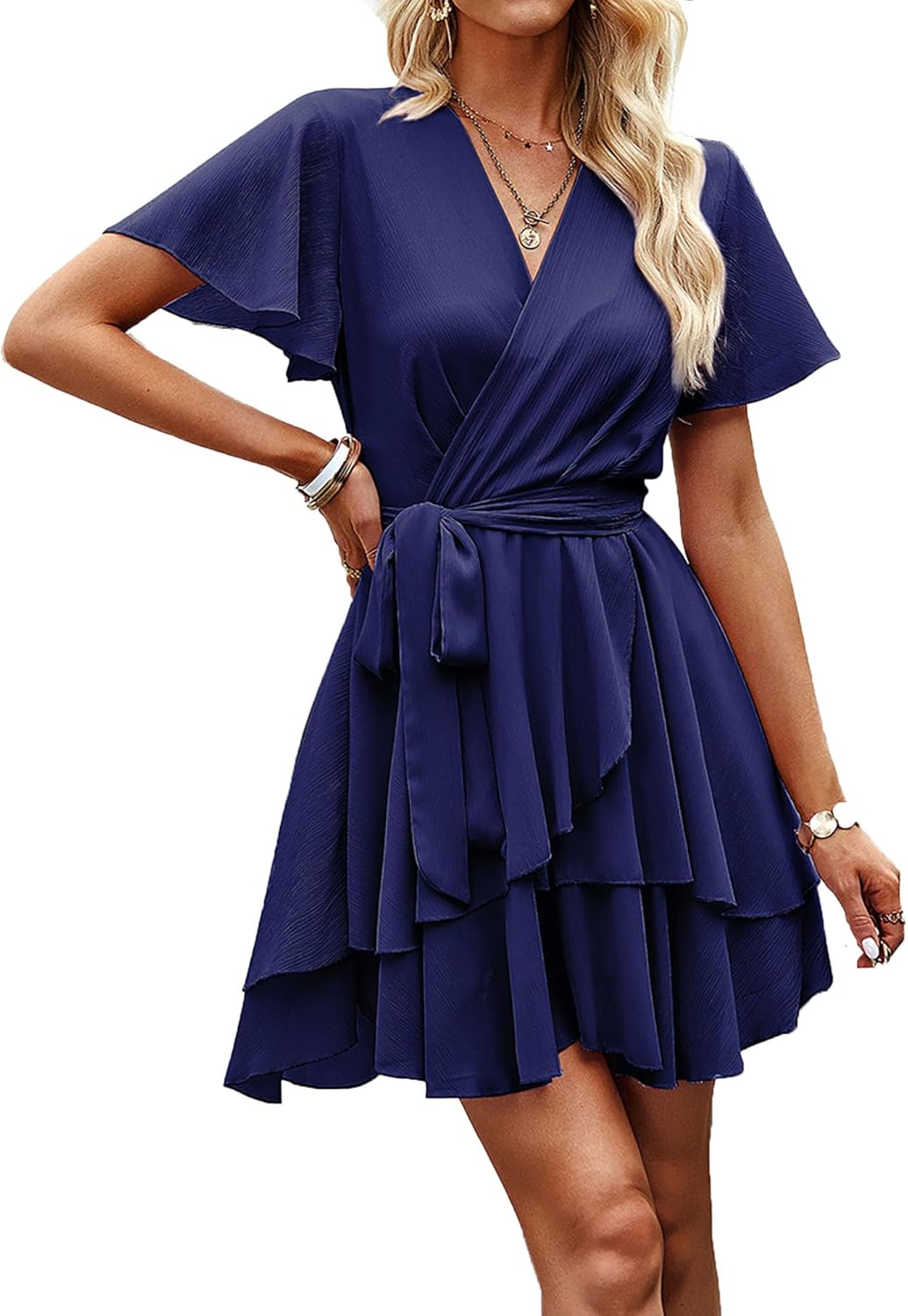 Krumba Short Sleeve Women Dress: V-Neck Ruffle Tie Waist Pleated Mini - Casual Wear for Wedding Guest Beach Summer Party Trip