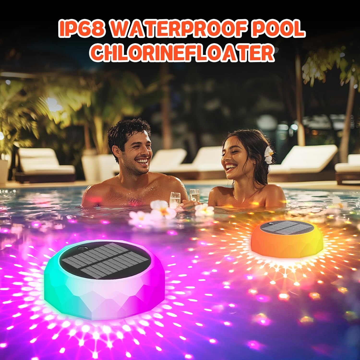 2025 Upgrade 2 Pack Solar Pool Chlorine Floater, Pool Lights That Float with Remote Control, 8 Lighting, Timing Mode, IPX68 Waterproof for Inground Pool, Pool Party