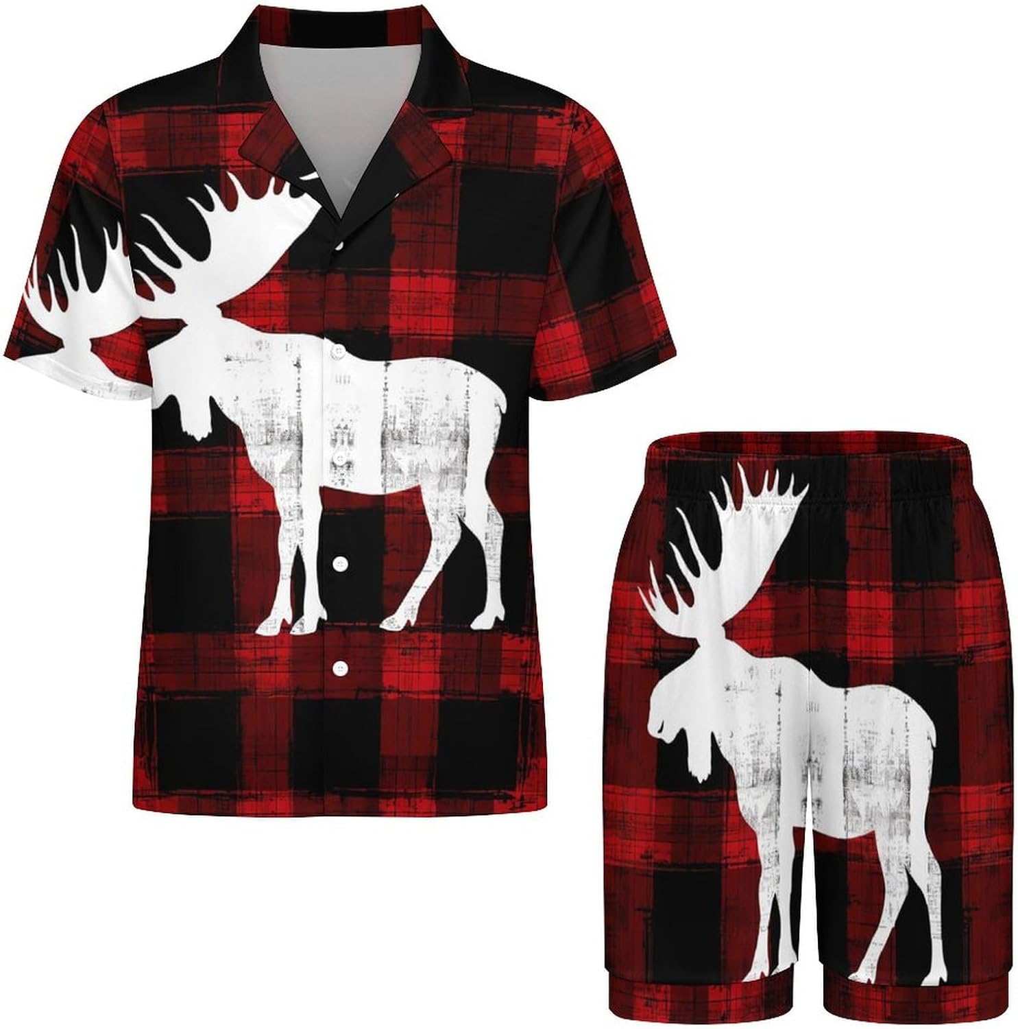 Moose Buffalo Christmas Plaid Men's Short Sleeve Pajama Set Satin Silk Like Lounge Sleepwear