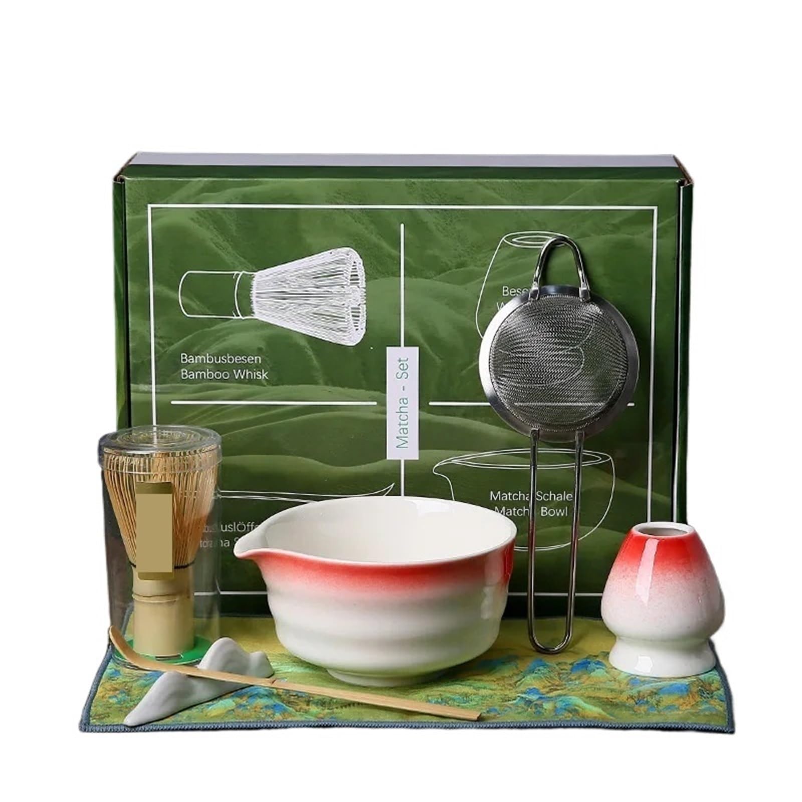 Ensemble De Préparation Matcha 4/7 Pièces, Pinceau À, Bol Exquis, Boîte Avec Fouet, Somptueux Outils Thé pour préparer le petit-déjeuner/matcha latte(7pcs Red White)
